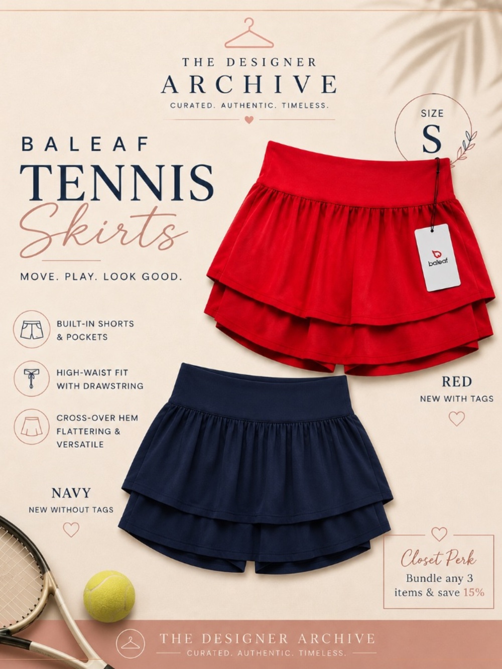 BALEAF Tennis Skirt Built-In Shorts Pockets Red or Navy Size S